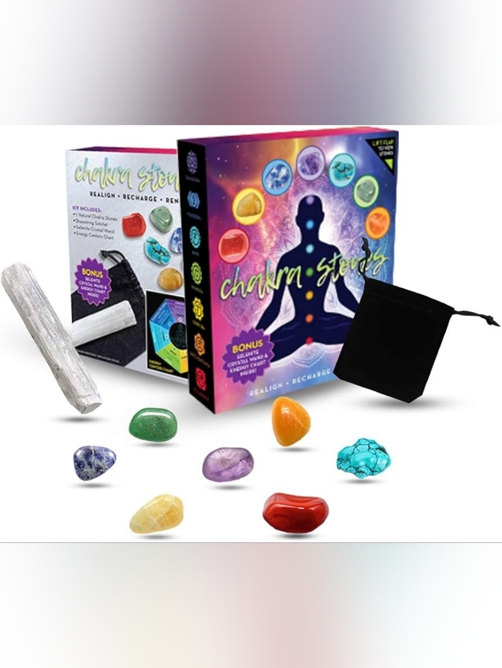 7 Chakra Stone Kit with Selenite Crystal New